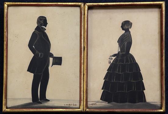 Samuel Metford (1810-1896) Full length silhouettes of a lady and gentleman, 9.75 x 6.75in.